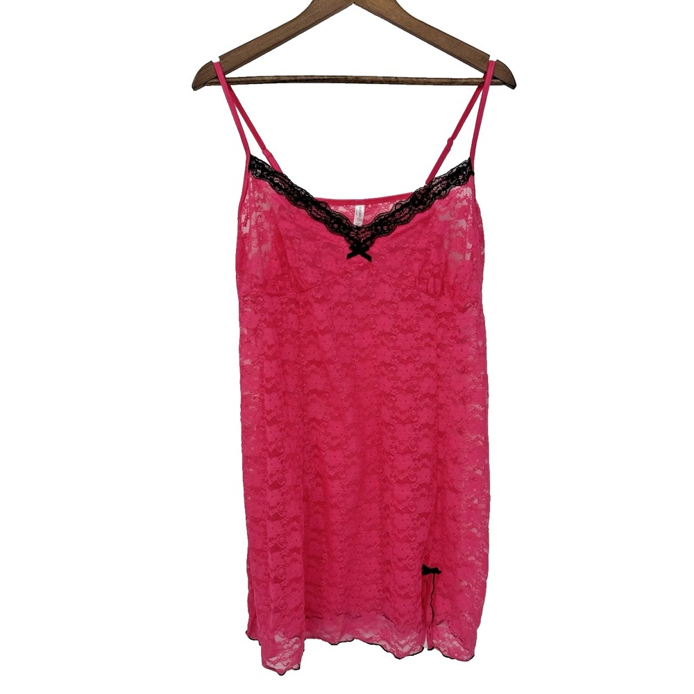 Plus Hot Pink Lace Slip Dress Black Trim Bow Lingerie‎ Chemise Y2K Coquette 3X